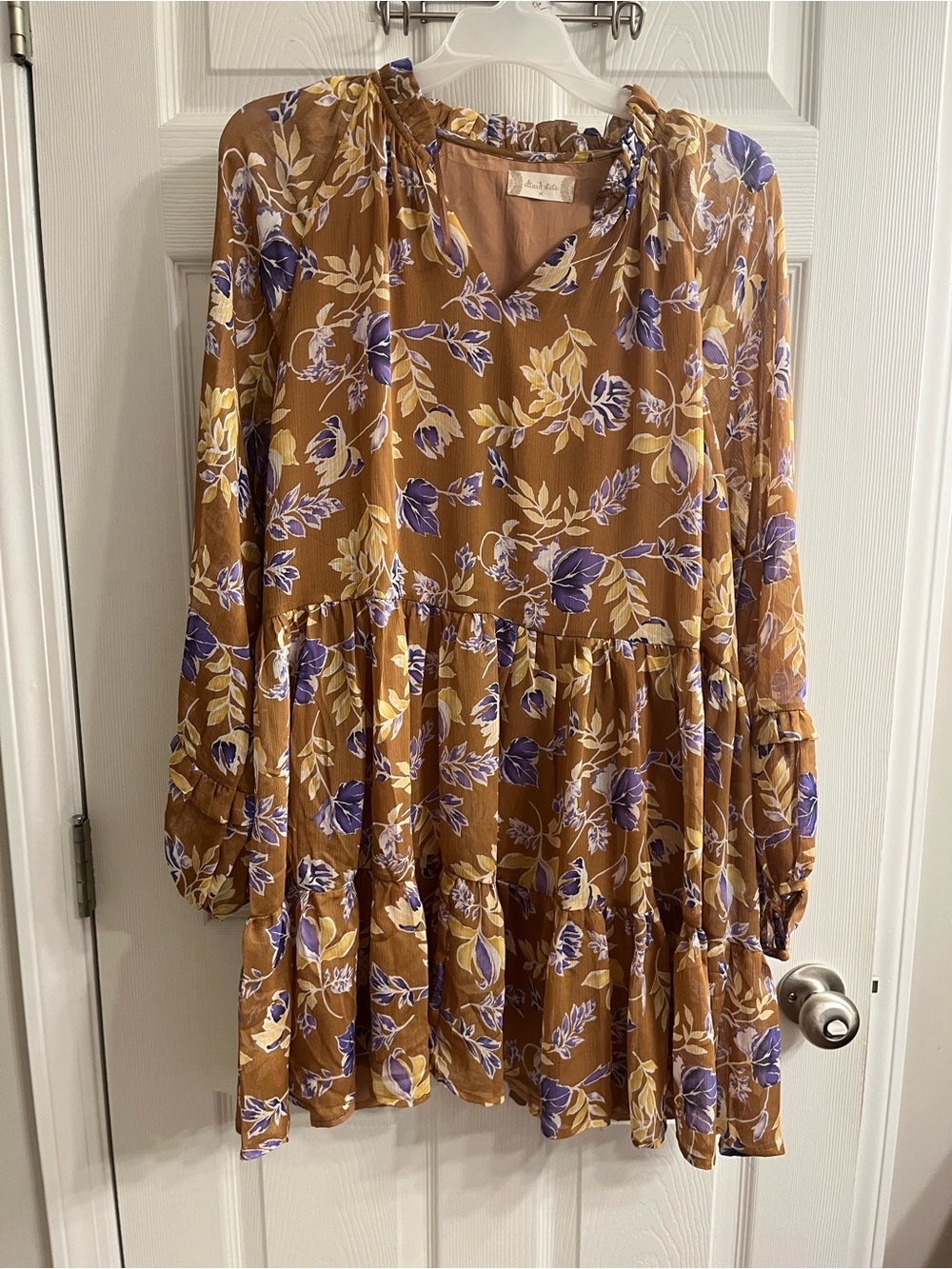 Altar’d State NWT Floral Tiered Tunic Dress in Mustard Brown with Purple Accents